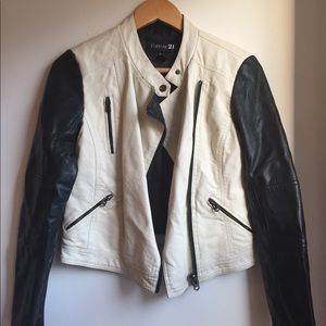 Black and White Faux Leather Moto Jacket